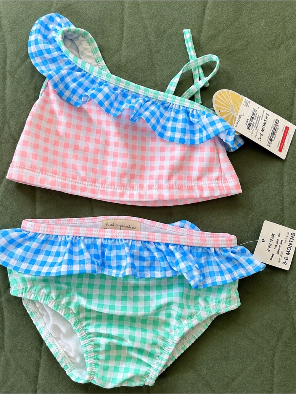 FIRST IMPRESSIONS INFANT GIRLS 2PC PLAID TANKINI BLUE SWIMSUIT UPF 50 3-6M
